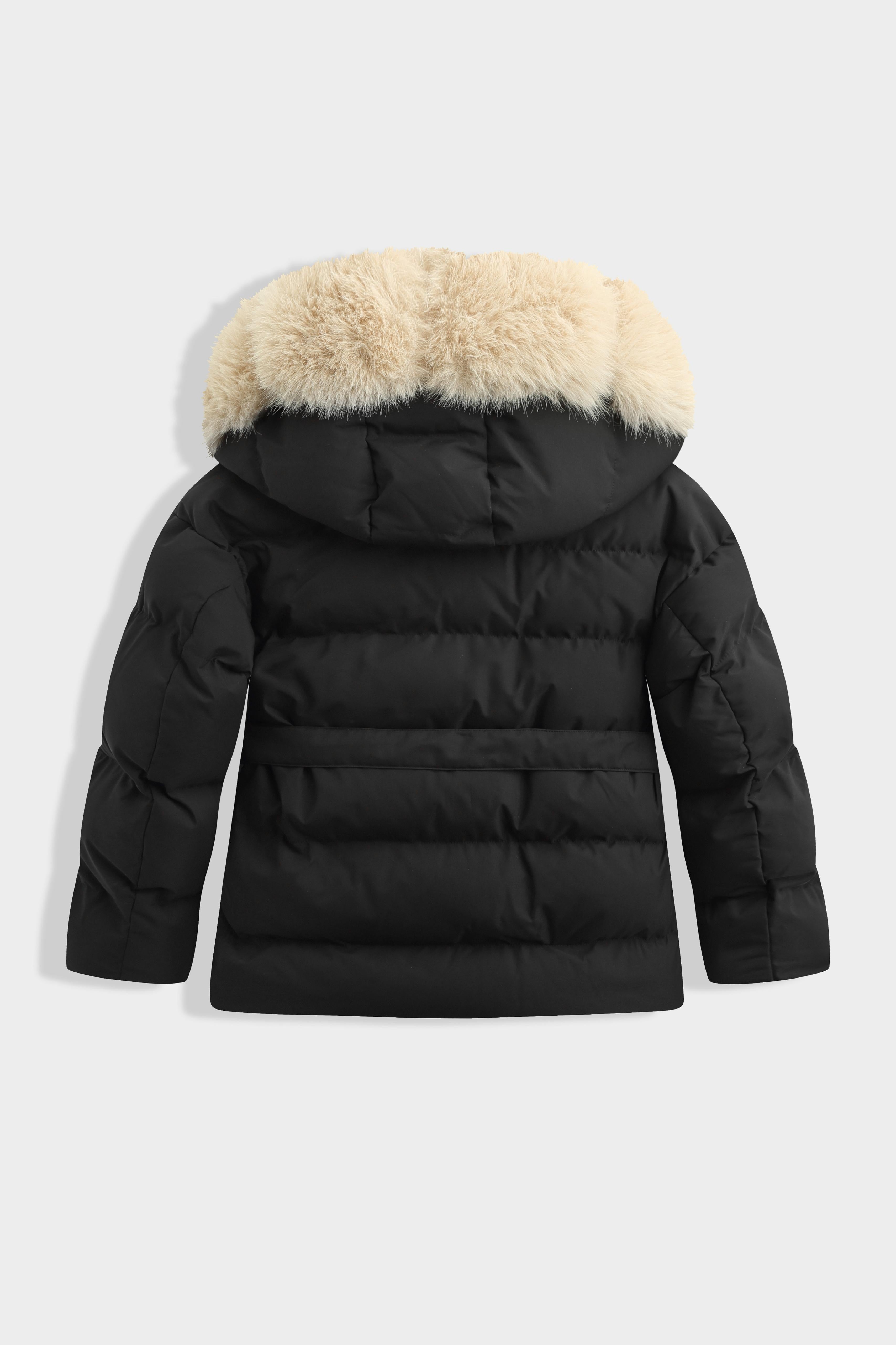 Belted Faux Fur Puffer Coat - Black/Cream