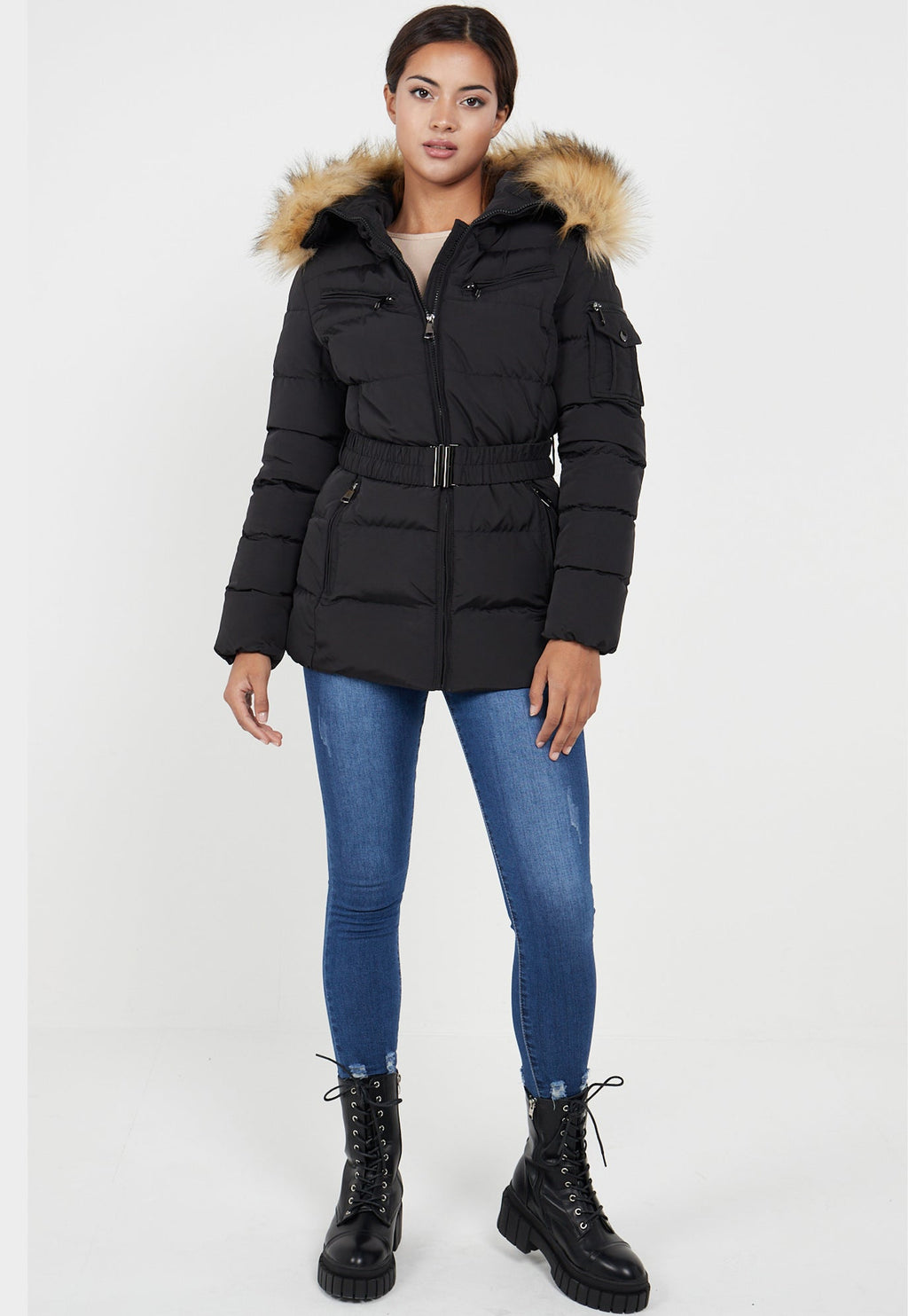 PADDED BELTED FAUX FUR QUILTED JACKET - BLACK