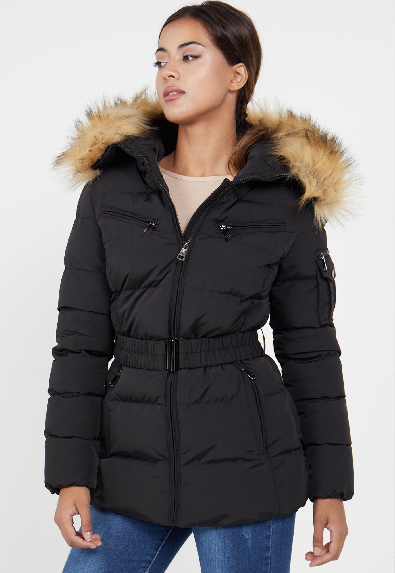 PADDED BELTED FAUX FUR QUILTED JACKET - BLACK