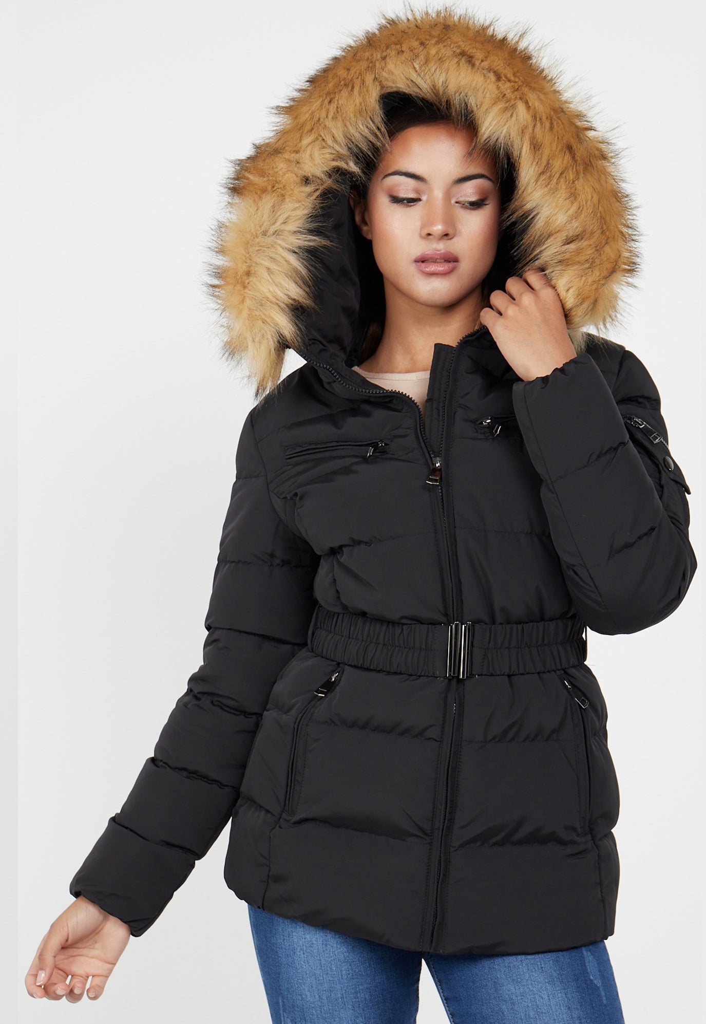 PADDED BELTED FAUX FUR QUILTED JACKET - BLACK