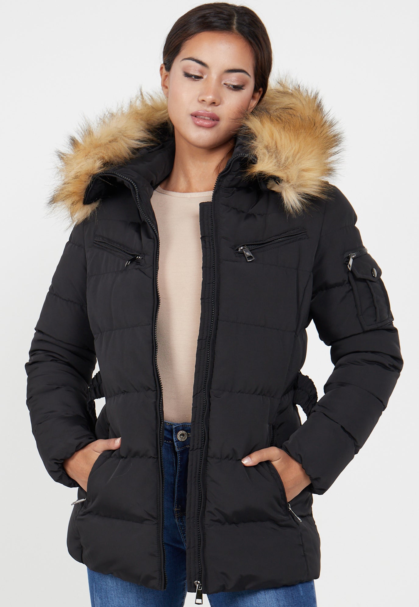 PADDED BELTED FAUX FUR QUILTED JACKET - BLACK