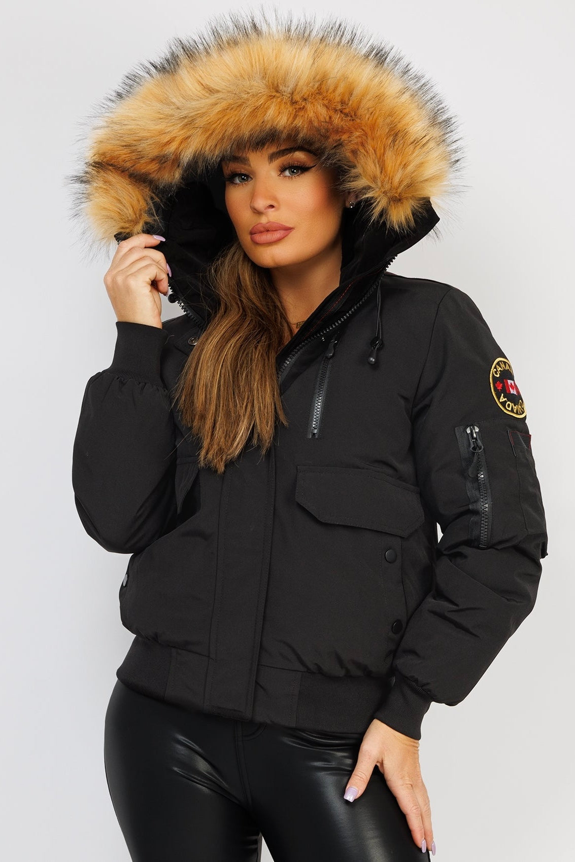 TRIM FAUX FUR CANADA BOMBER JACKET - BLACK