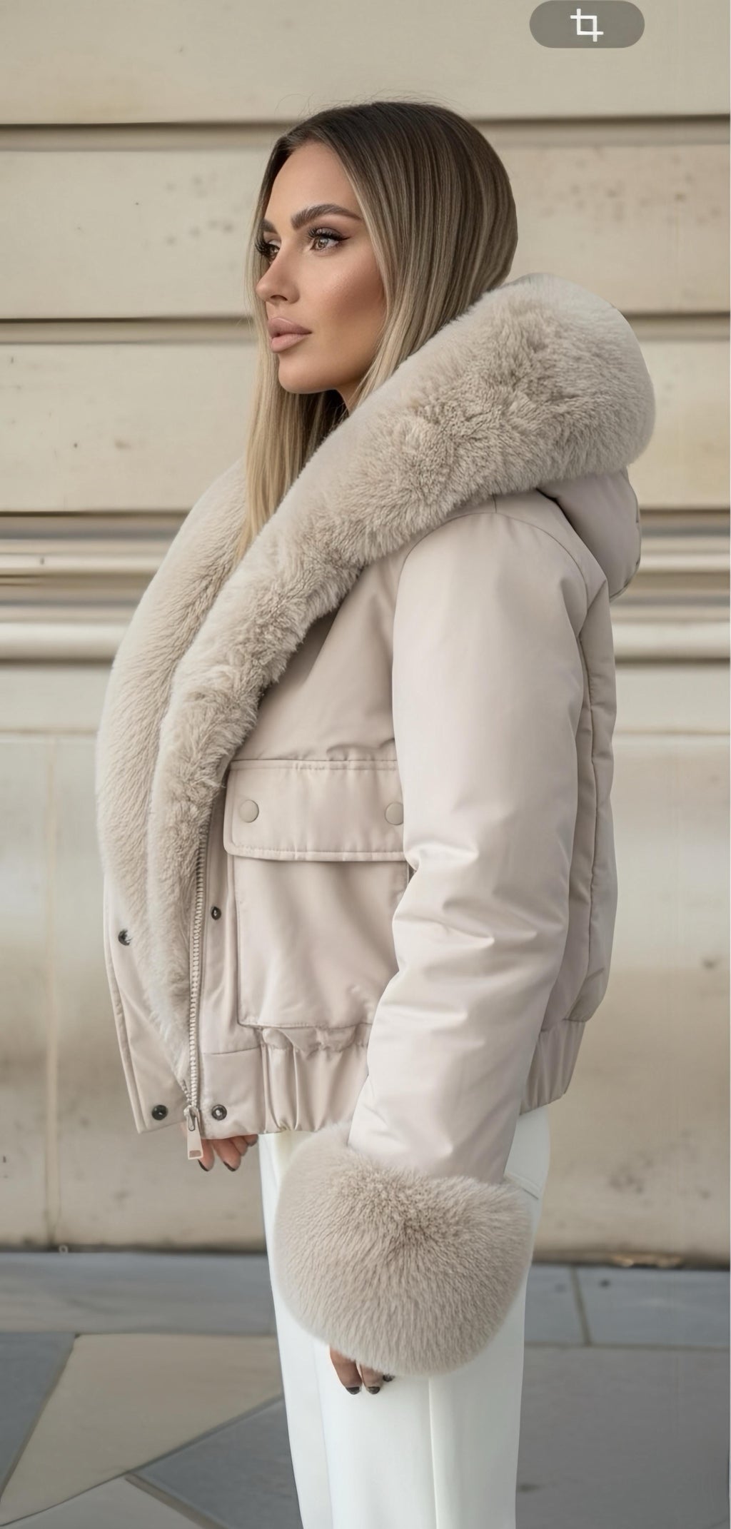 Harper Faux Fur Trim Bomber Jacket - Cream