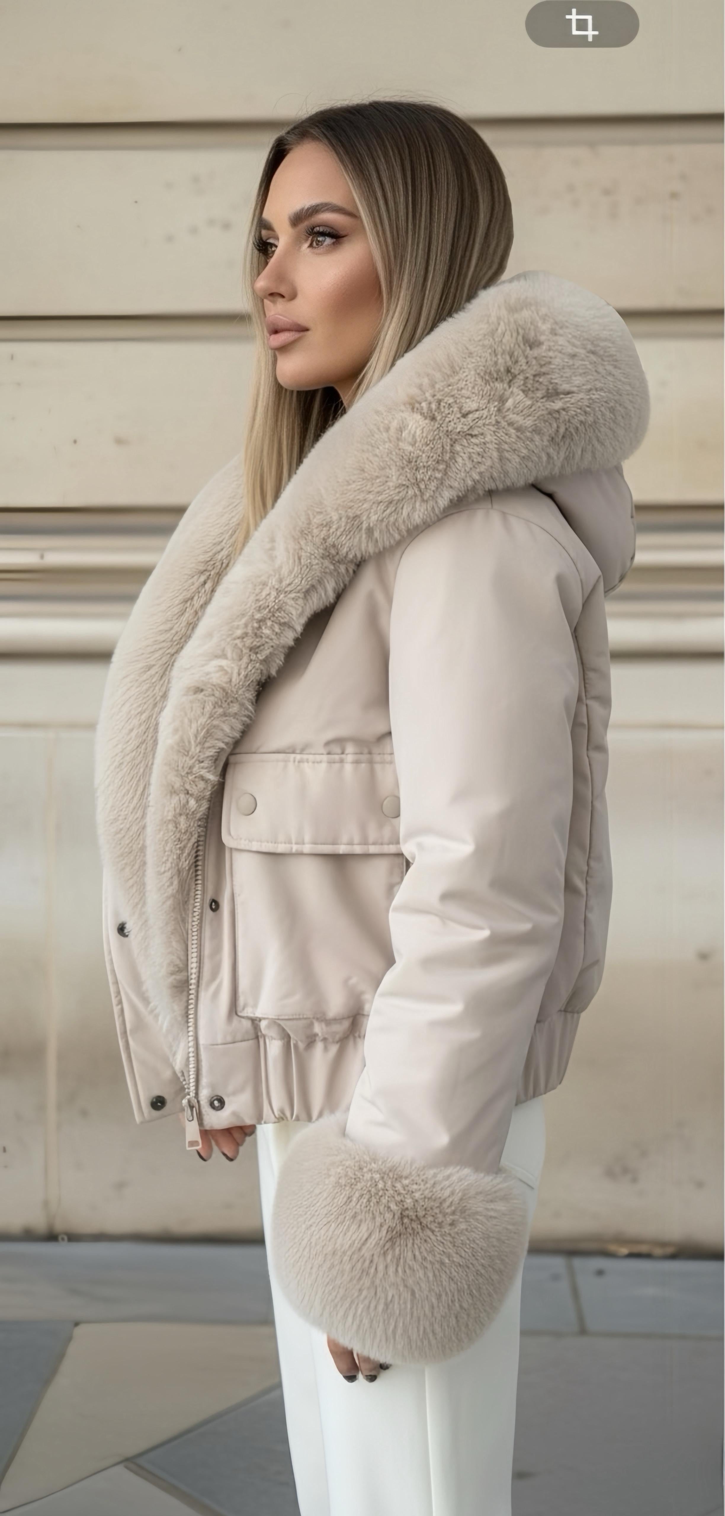Harper Faux Fur Trim Bomber Jacket - Cream