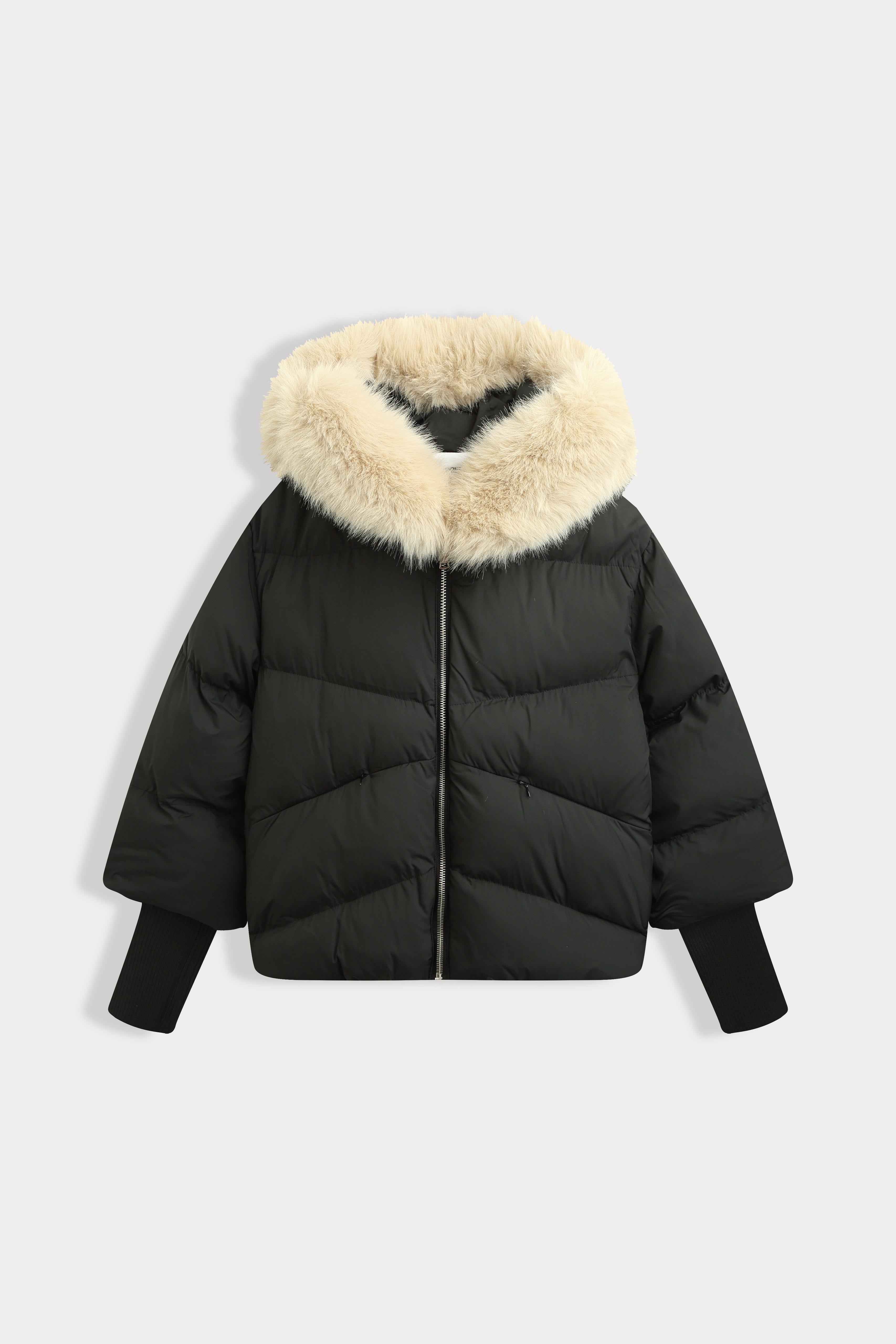 Winter Luxe Puffer Coat with Full Length Faux Fur Trim - Black/Beige