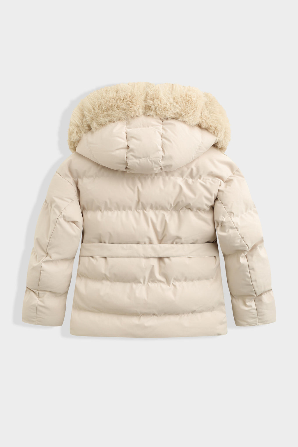 Belted Faux Fur Puffer Coat - Cream