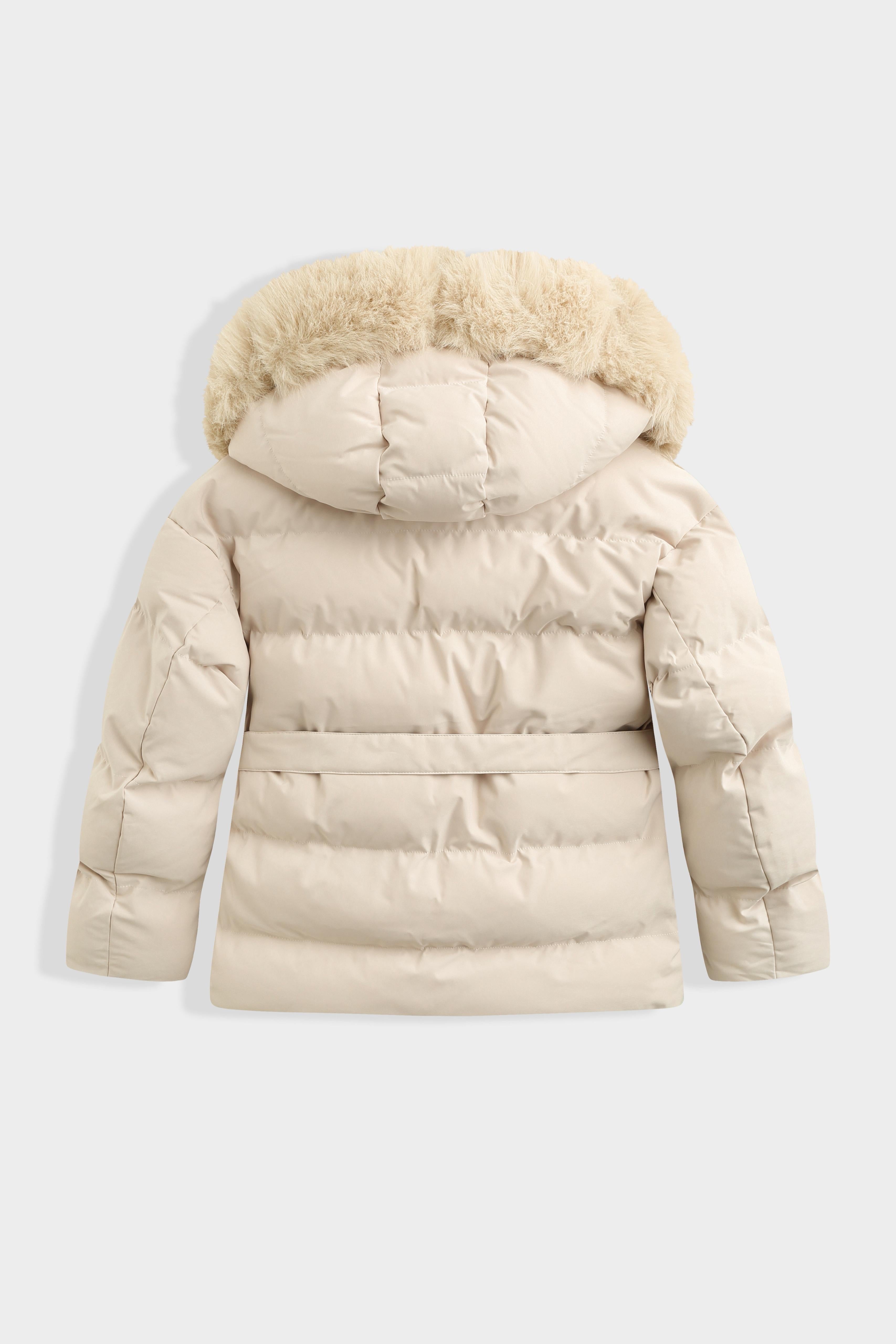 Belted Faux Fur Puffer Coat - Cream