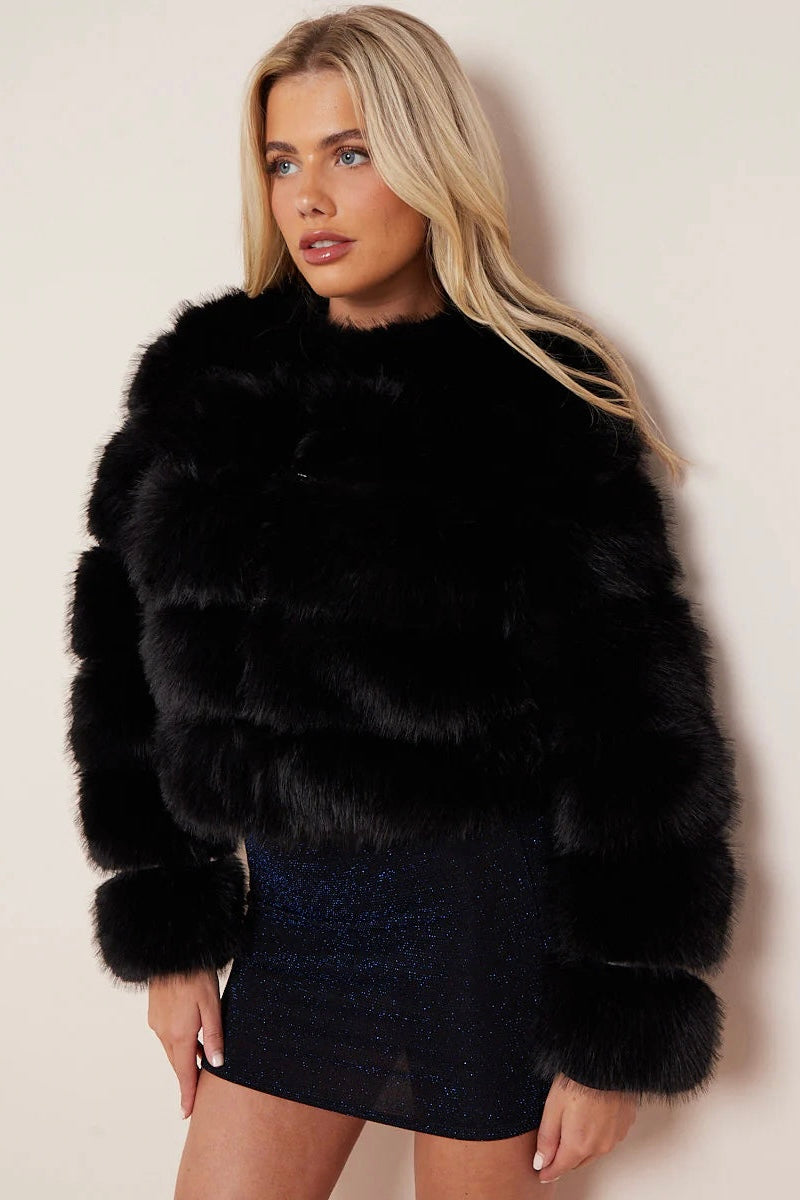 CROPPED PREMIUM FAUX FUR  COAT - BLACK