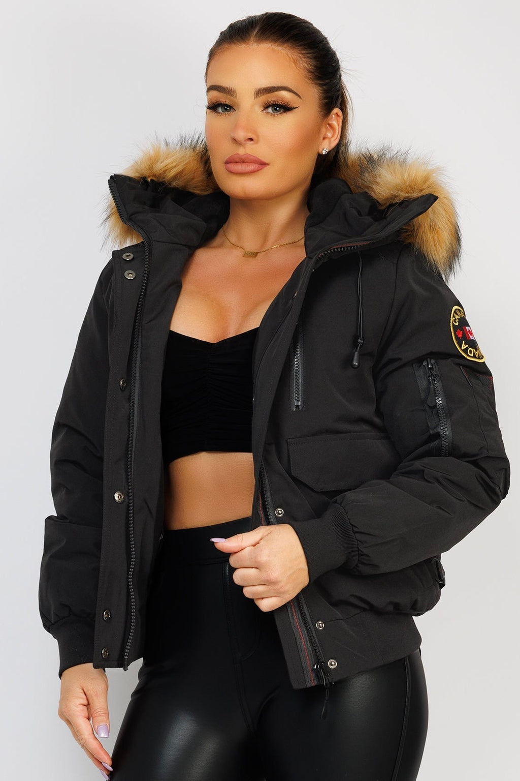 TRIM FAUX FUR CANADA BOMBER JACKET - BLACK