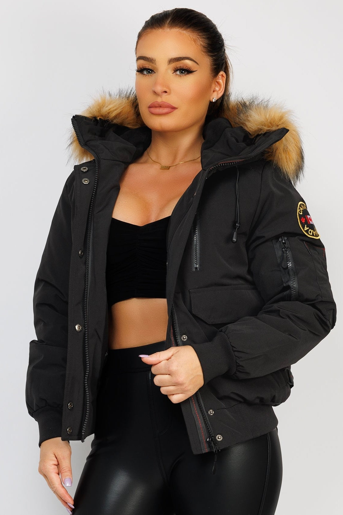 TRIM FAUX FUR CANADA BOMBER JACKET - BLACK