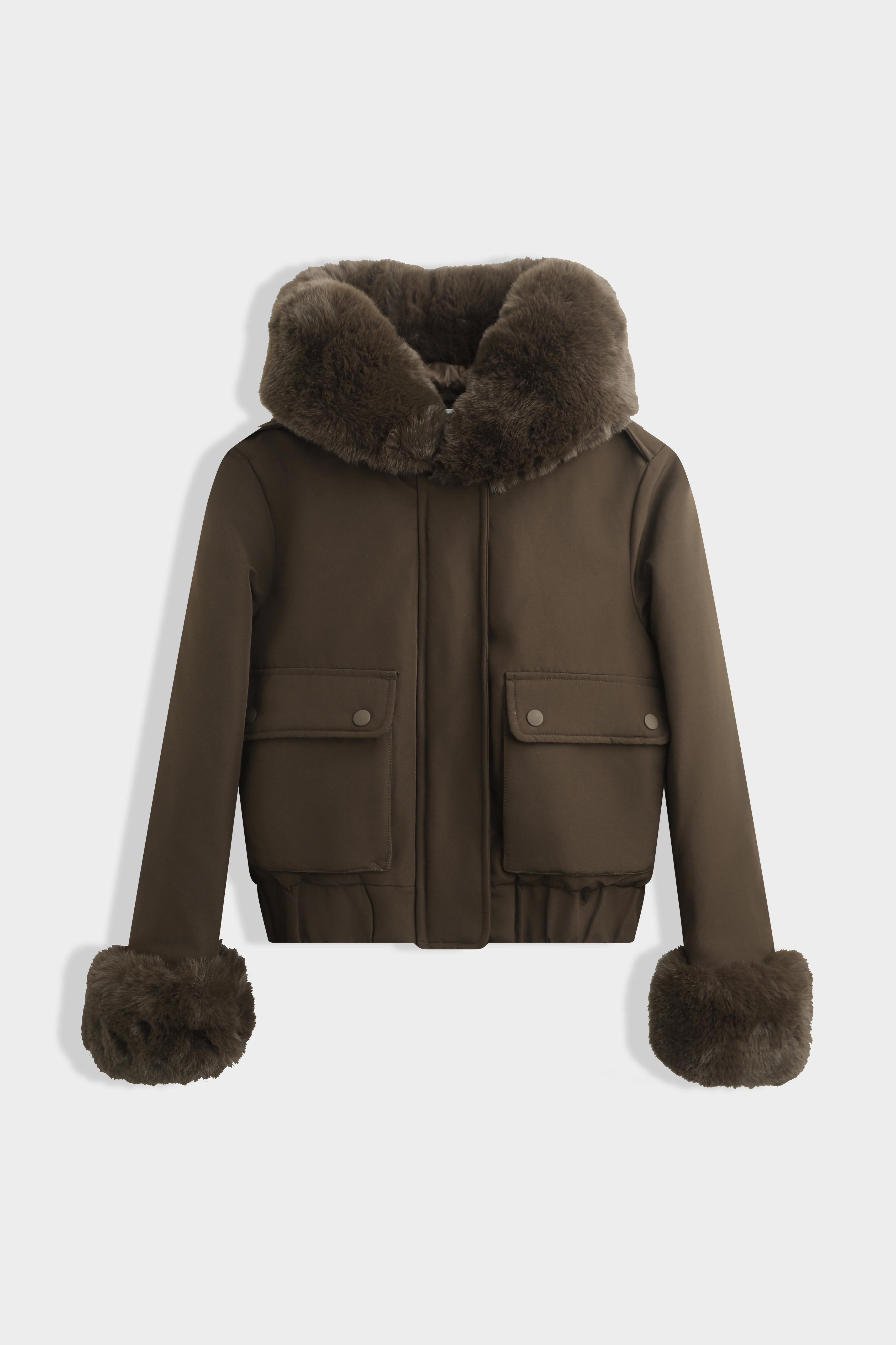Harper Faux Fur Trim Bomber Jacket - Brown