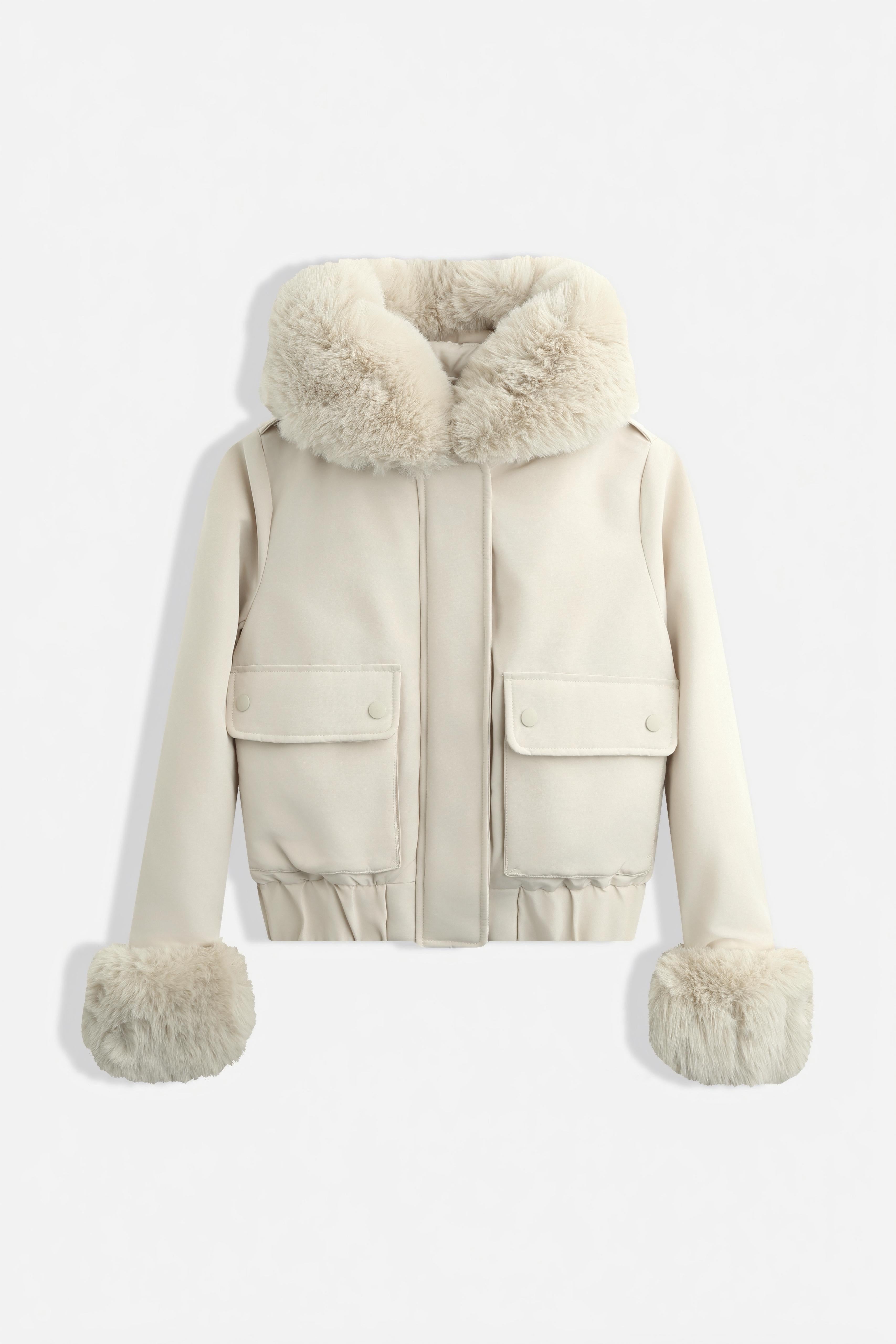 Harper Faux Fur Trim Bomber Jacket - Cream