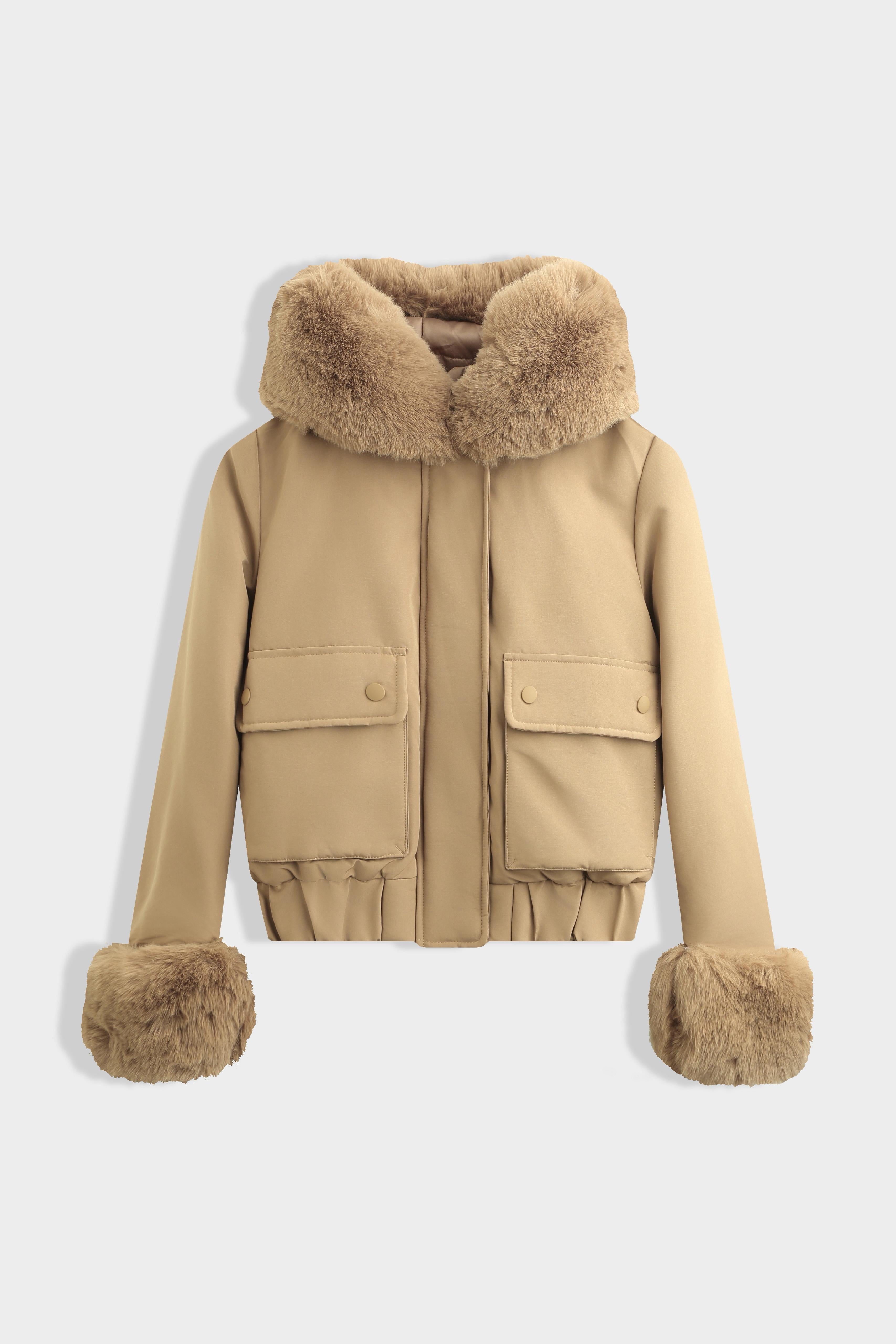 Harper Faux Fur Trim Bomber Jacket - Tan