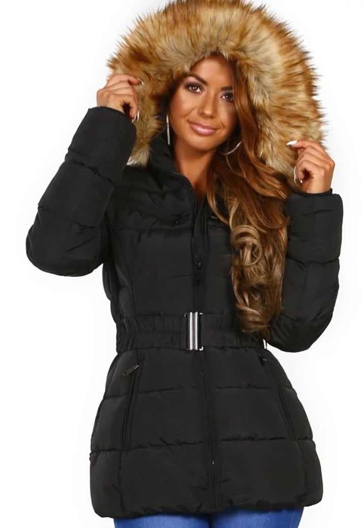 QUILTED BELTED BLACK FAUX FUR PADDED JACKET COAT