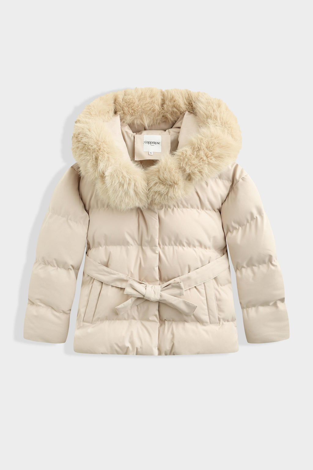Belted Faux Fur Puffer Coat - Cream