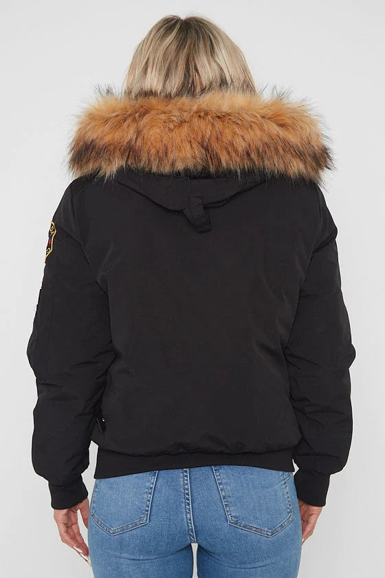 TRIM FAUX FUR CANADA BOMBER JACKET - BLACK