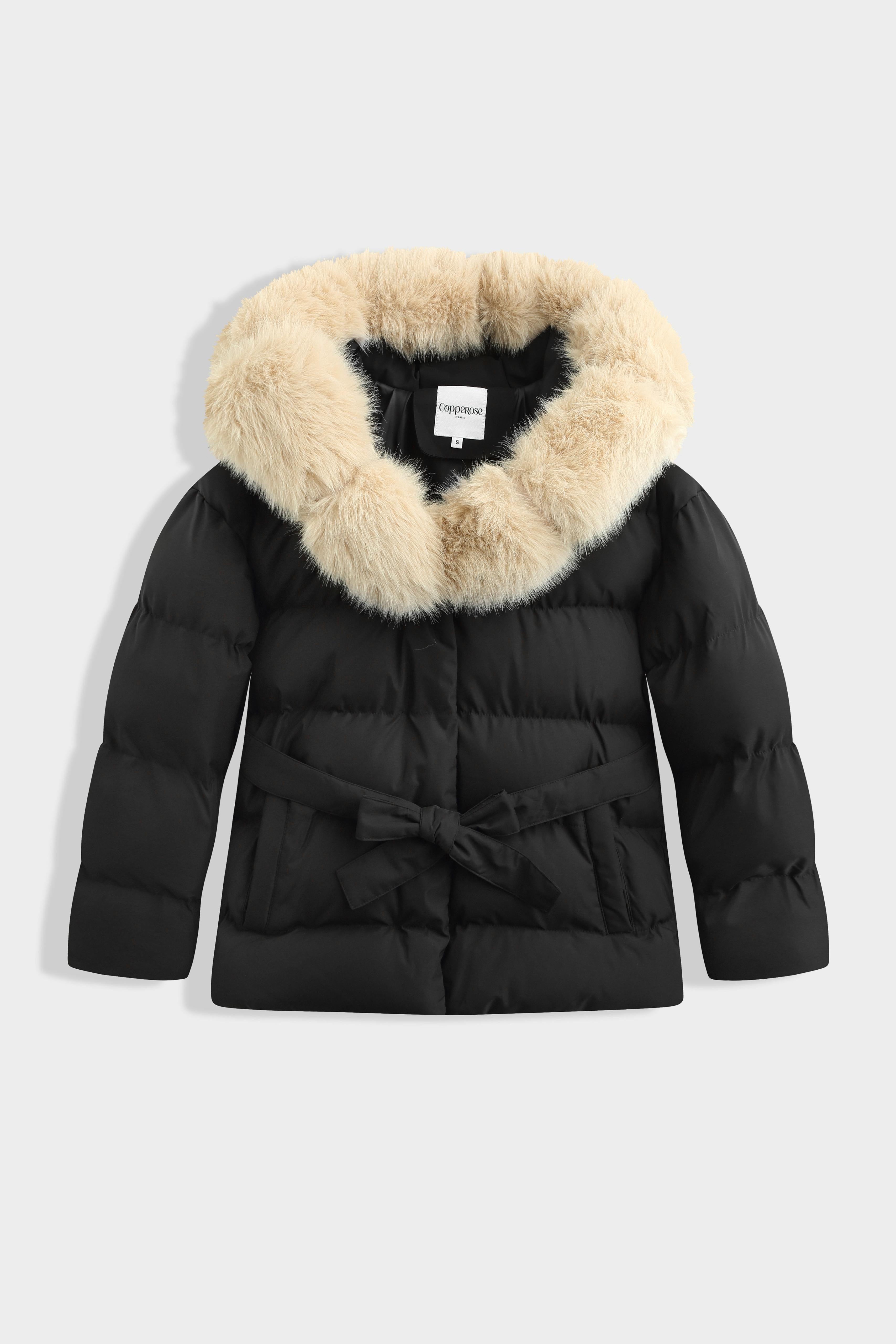 Belted Faux Fur Puffer Coat - Black/Cream
