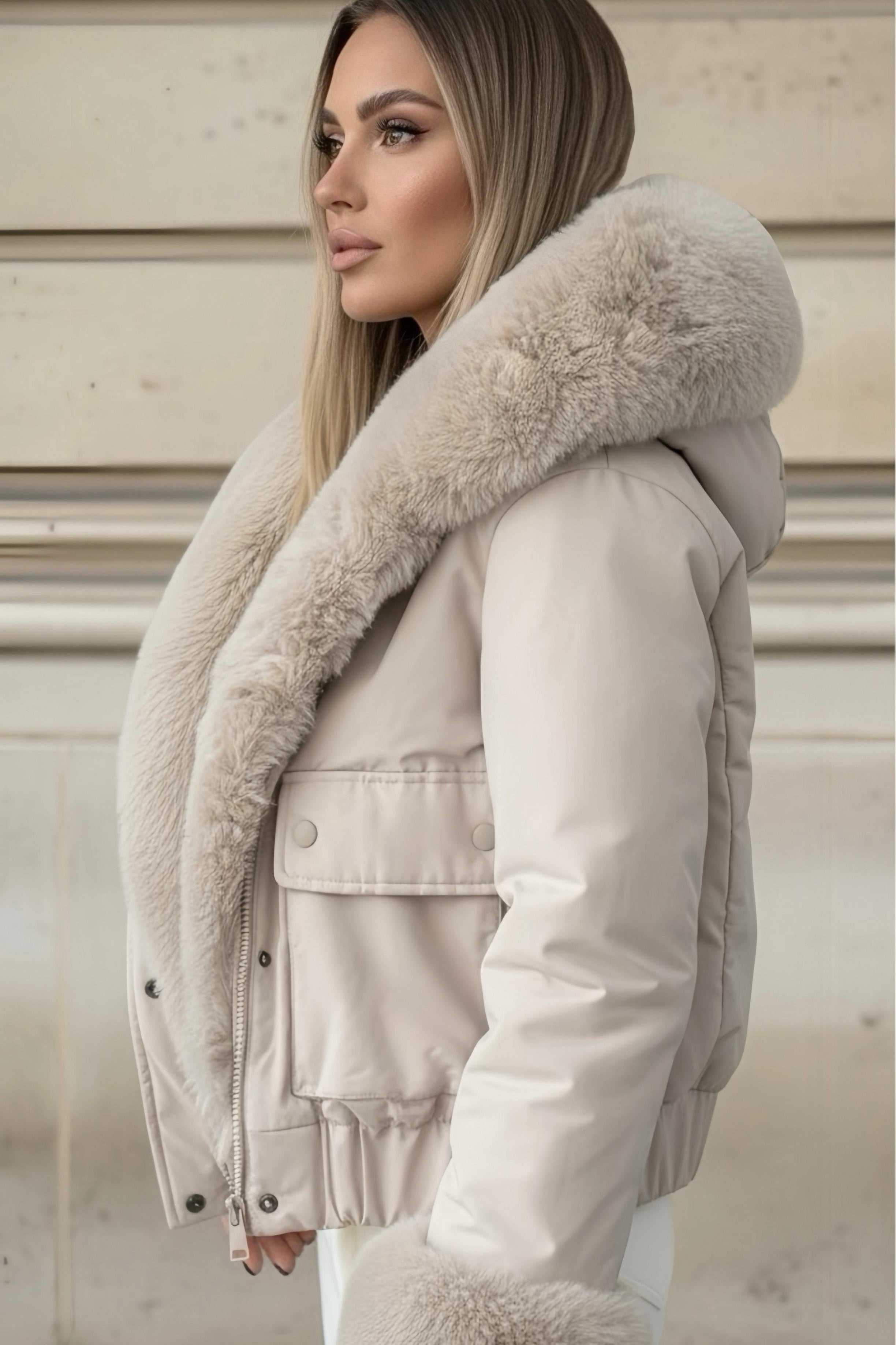 Harper Faux Fur Trim Bomber Jacket - Cream