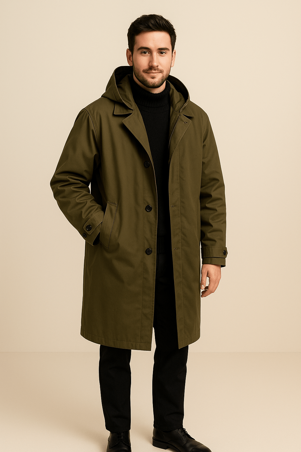 Men’s Wool Trench Coat with Double-Breasted Design