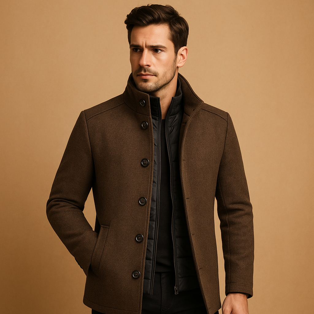 Men’s Wool Overcoat with High Collar – Formal and Warm